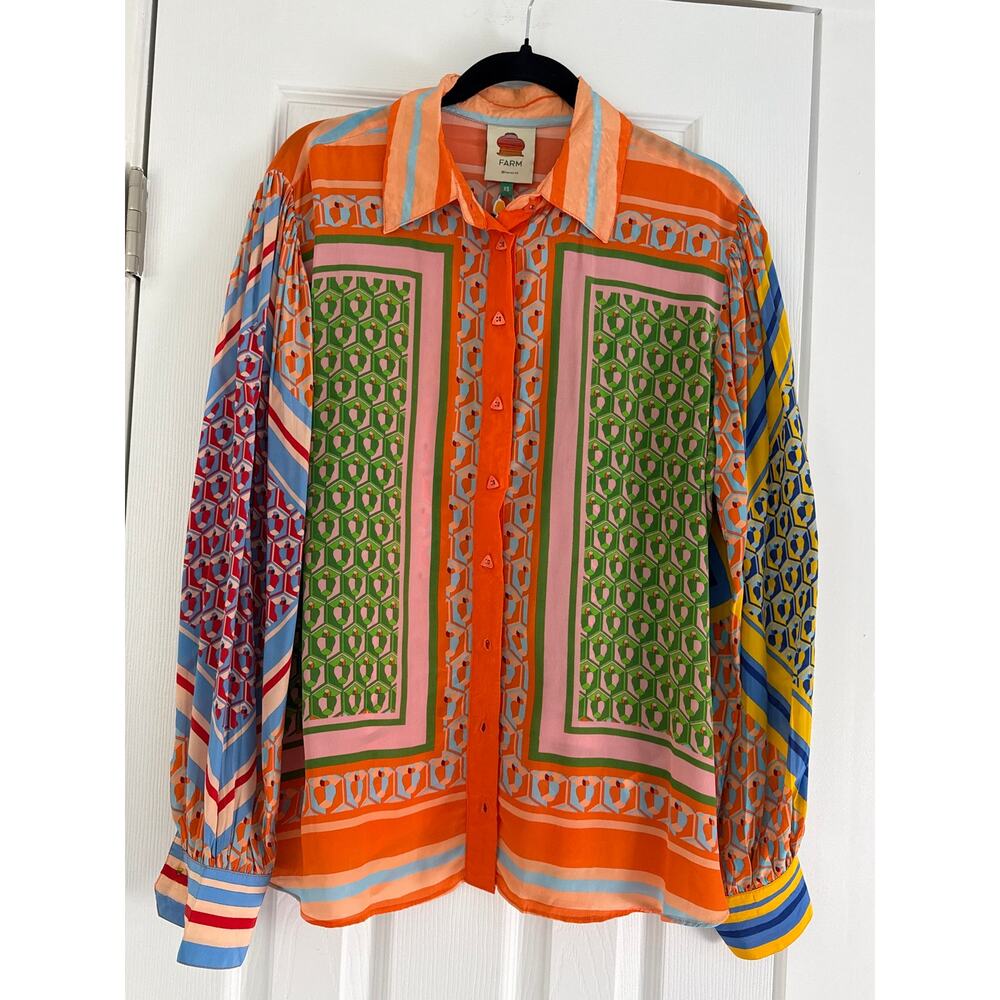 NWT Farm Rio XS Colorful Geometric Print Button Front Blouse Shirt